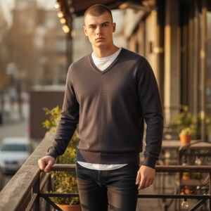Men's V-neck Black Cashmere Sweater(2 For $30 Item)